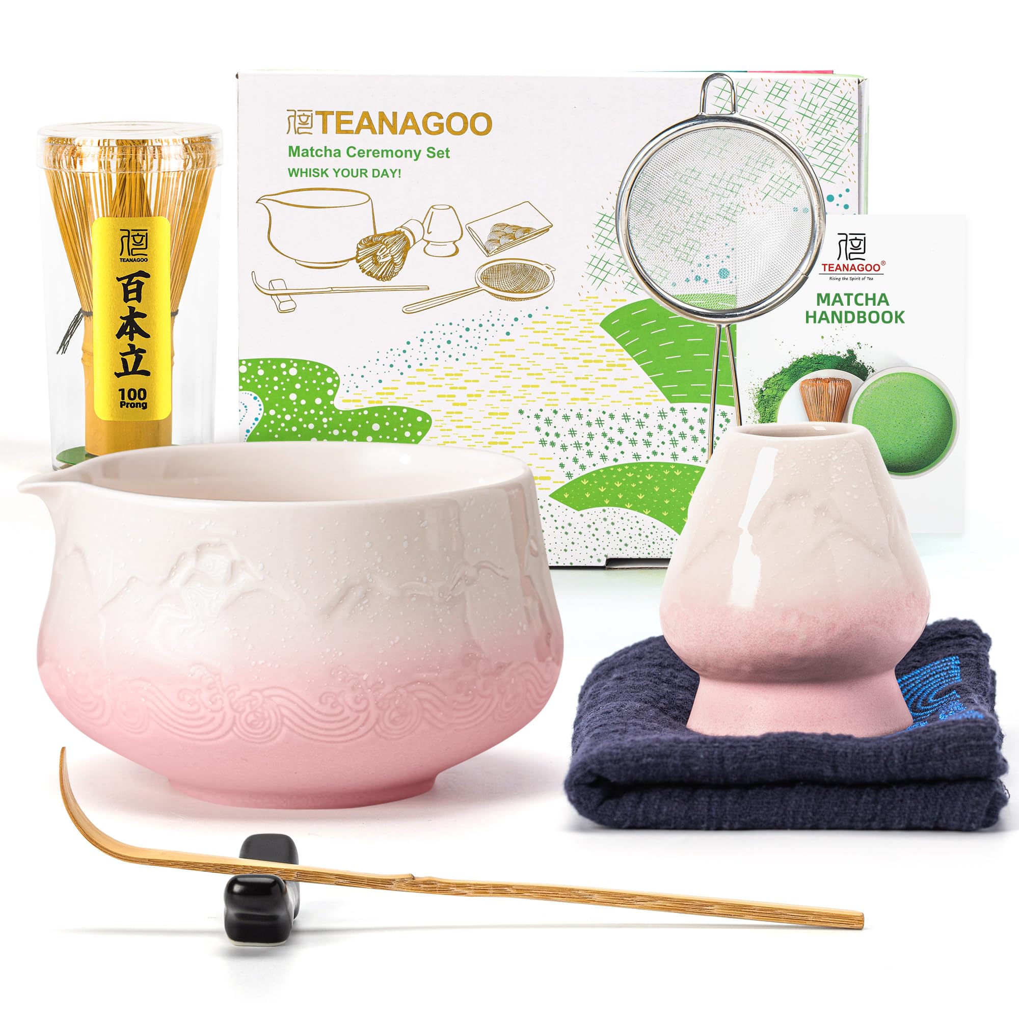TEANAGOO Matcha Kit (7pcs) Lot de 7 fouets à matcha rose, kit de poudre matcha d