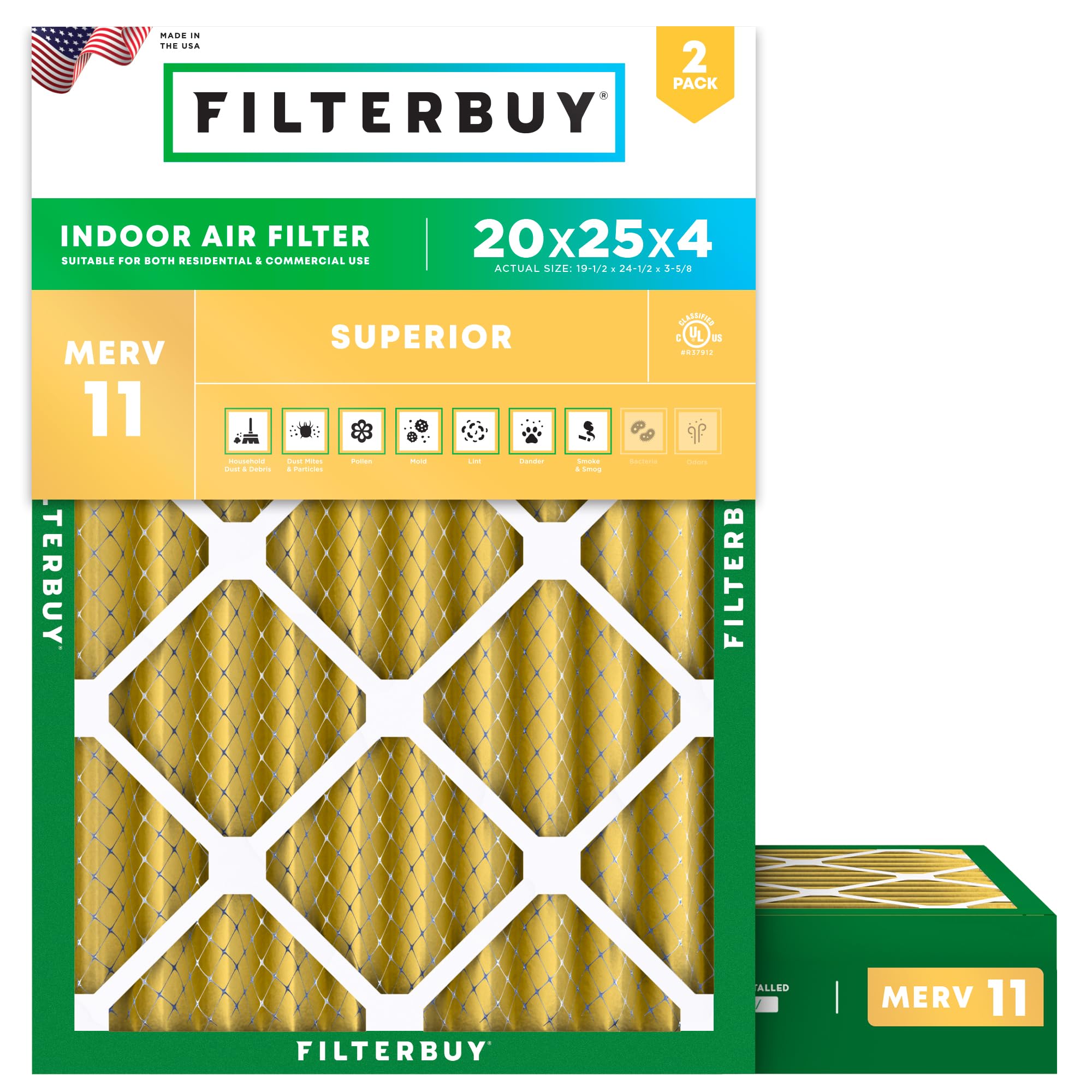 Filterbuy 20x25x4 Air Filter MERV 11 Pet & Allergy Defense (2-Pack) | Electrosta