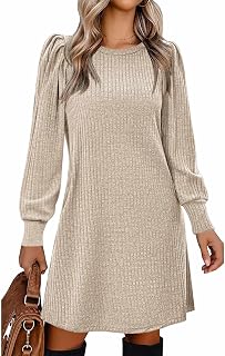Zeagoo Women's Knitted Dress Long Puff Sleeve Casual Tunic Dress Round Neck Autumn Winter