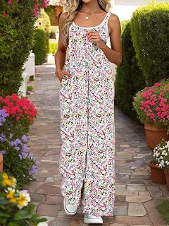 Summer Rompers for Women, Casual Loose Leg Rompers Sleeveless Bohemian Playsuits with Pockets