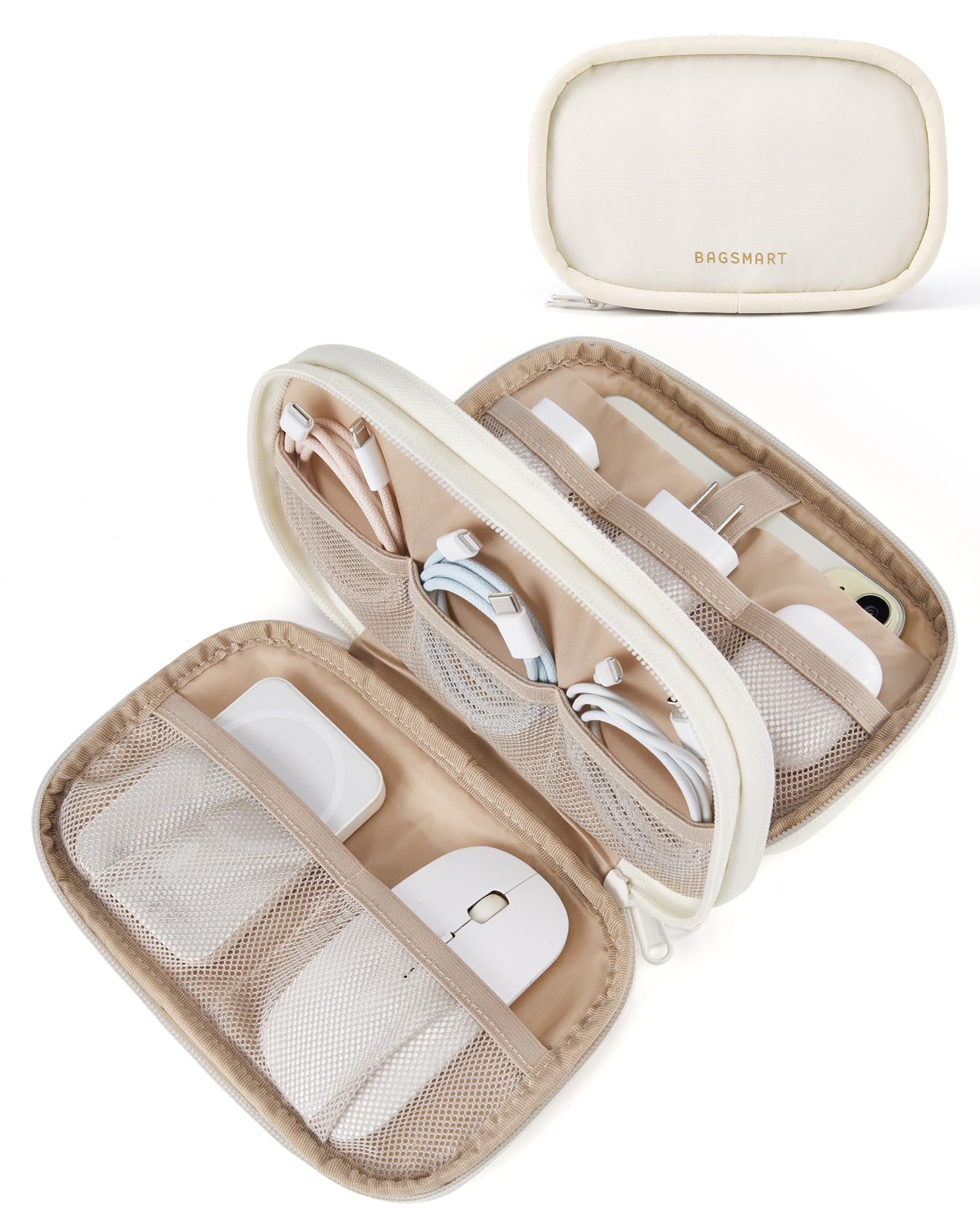 BAGSMART Electronics Organizer Travel Case for Cords Chargers Phones, Beige | Pu