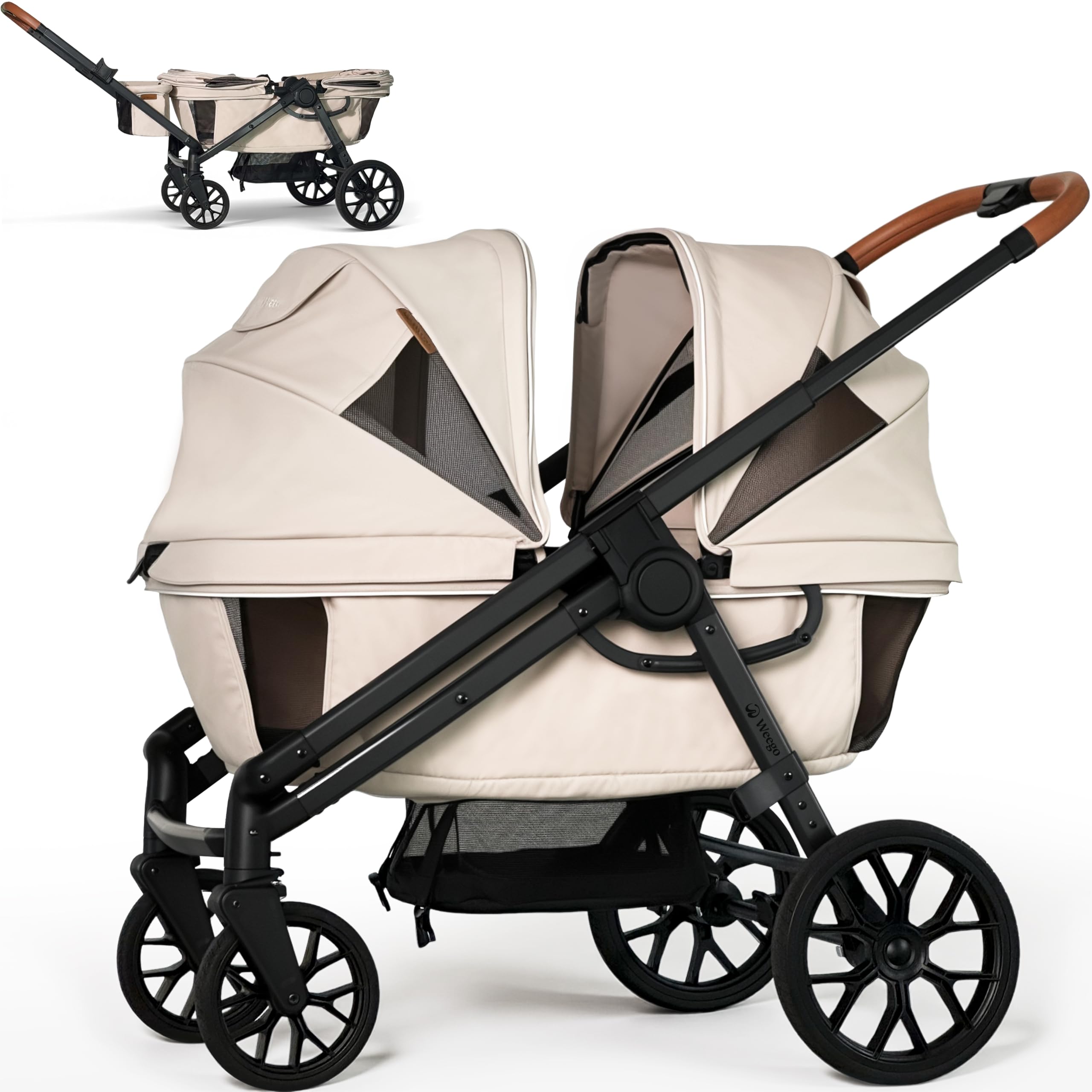 Weego Lightweight Wagon Stroller for 2 Kids, Foldable All-Terrain, Khaki | Doubl