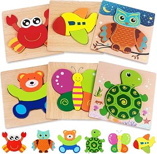 Gojmzo Wooden Puzzles for Toddlers 1-3, Toddler Toys Gifts for 1 2 Year Old | Montessori Educational Toy, 1 2 Year Old Boy Girl Toys Gifts, 6 Pack Animal Jigsaw Puzzle Game, Preschool Learning Activities