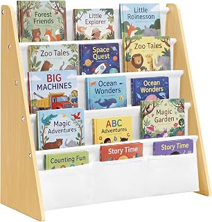 SONGMICS Kids Bookshelf, 4-Tier Toddler Book Rack, 24.6 x 9.8 x 23.6 inch | Fabric and MDF Organizer for Nursery and Playroom, Beech and White, TEZA Collection UGKR079YG01