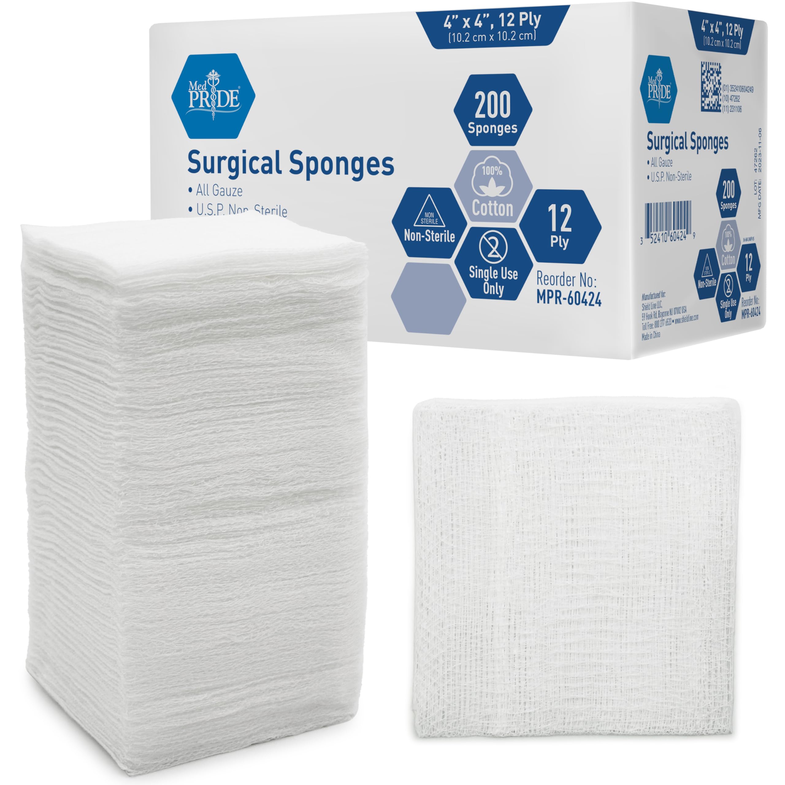 MED PRIDE Surgical Gauze Sponges,4 x 4 in,Non-Sterile,200-Count Pack (4x4 12 Ply
