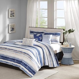 Madison Park Cottage Coastal Quilt Set, 6PC King/Cal King Coverlet | All Season Lightweight Cotton Fill Bedding Layer with Shams, Decorative Pillows, Blue/White