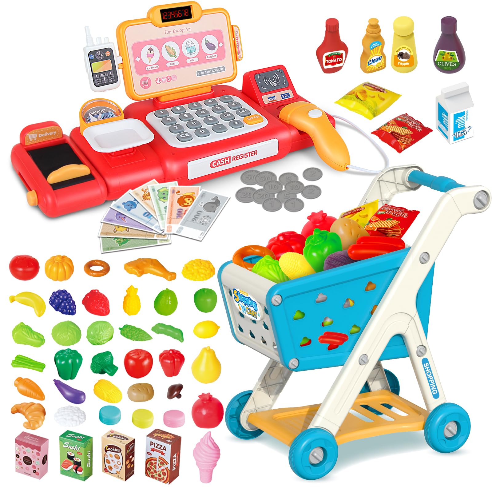 Yalujumb Kids Shopping Cart Trolley Play Set and Pretend Play Calculator Cash Re