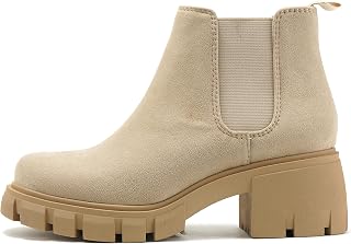Soda PIONEER Women's Mid Heel Lug Sole Chelsea Boots with Double Elastic