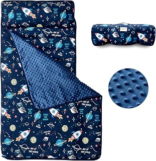 beeweed Toddler Nap Mat, Rollup Design Kid Sleeping Mat with Removable Pillow &amp; Minky Blanket, Toddler Sleeping Bag for Daycare Preschool Travel Camping
