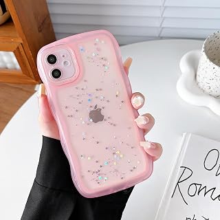 Cute Bling Curly Wave Clear Cover Transparent Shiny Glitter Star Soft TPU Shockproof Phone Protective Case for iPhone 7 Plus/8 Plus 5.5 inch Pink
