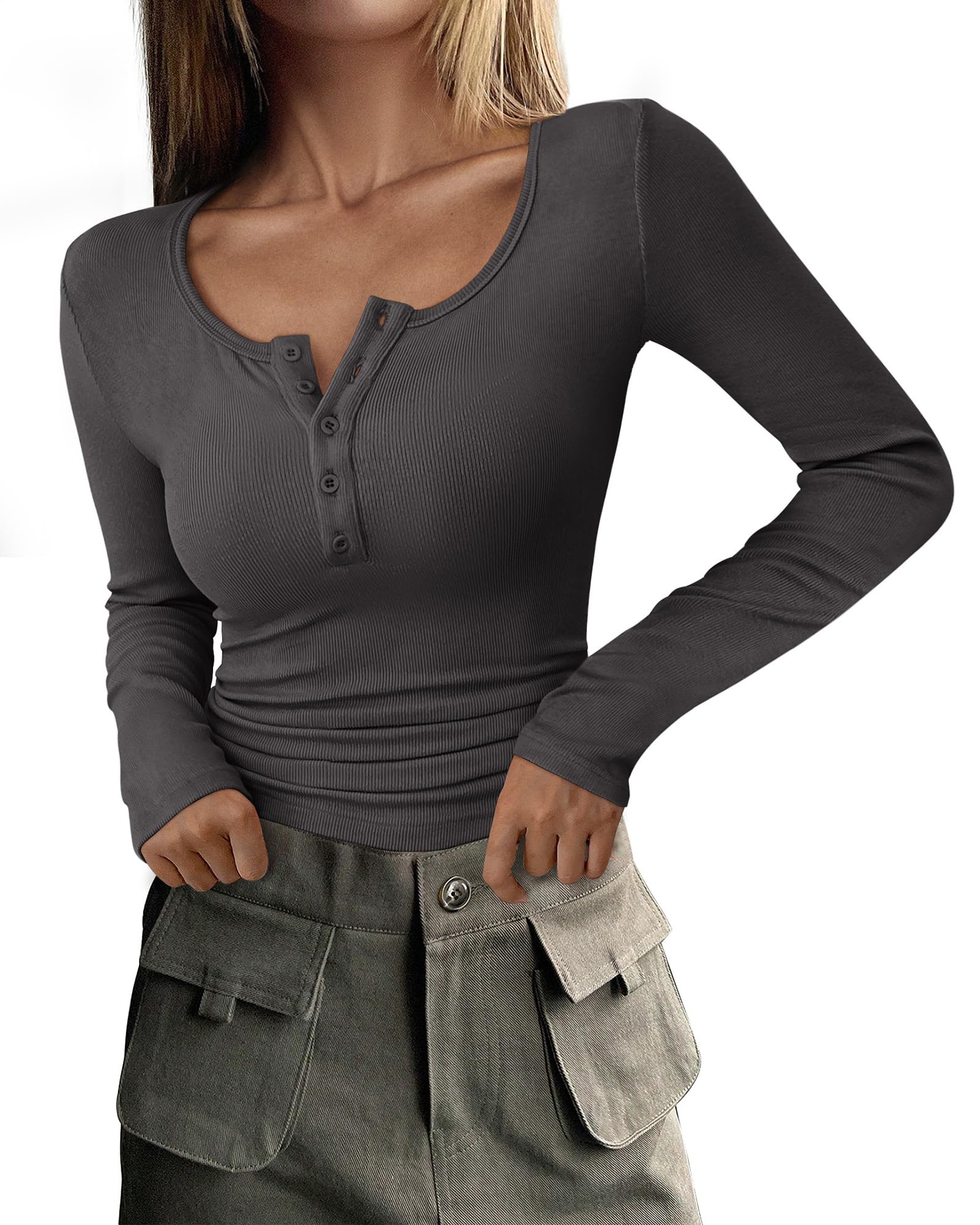 PRETTYGARDEN 2025 Spring Autumn Long Sleeve Henley T Shirt for Women Button Ribb