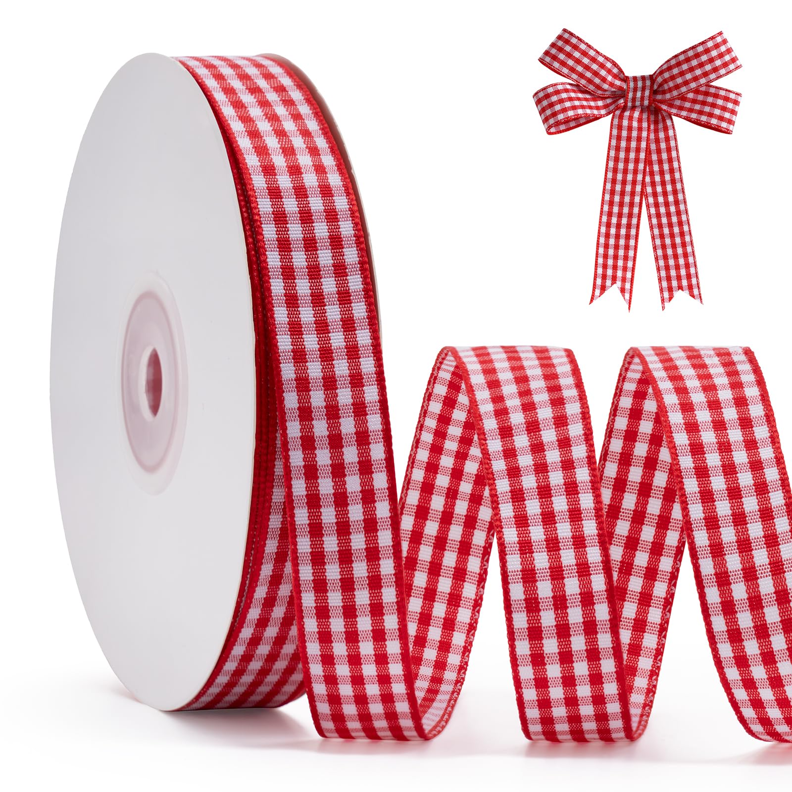Red Gingham Ribbon 5/8", 25 Yards Roll Red and White Buffalo Plaid Ribbon Polyes