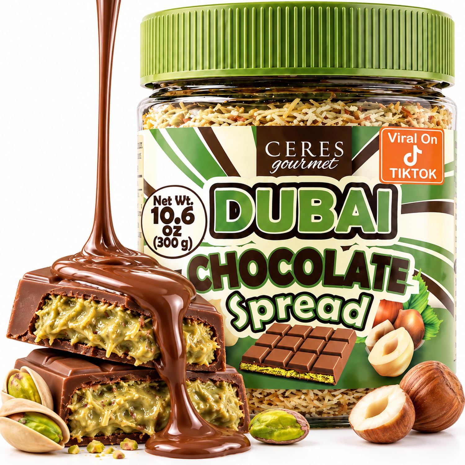 Dubai Chocolate Spread 10.6 oz Jar with Pistachio Cream and Crispy Kataifi | Gou