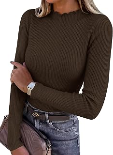 ANRABESS Long Sleeve Shirts for Women Mock Neck Ribbed Slim Fit Fall Tops