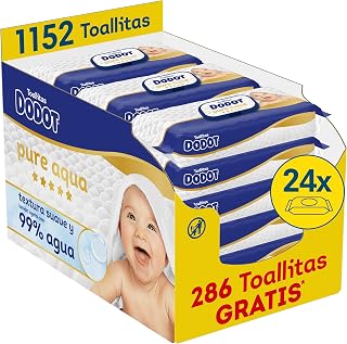 Dodot Pure Aqua Baby Wipes, 1152 Wipes (24 Packs x 48 uds) | 99% water, helps restore skin's natural pH, no plastic, gentle for every baby change