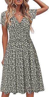 STYLEWORD Women's Summer Dress Short Sleeve Casual V-Neck Floral Dress with Pockets