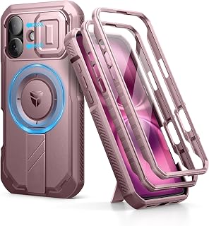 Dexnor Magnetic Cover for iPhone 16 with Sliding Camera Cover & Adjustable Kickstand & Built-in Screen Protection, Heavy Duty Rugged Shockproof Cases - Dust Peony
