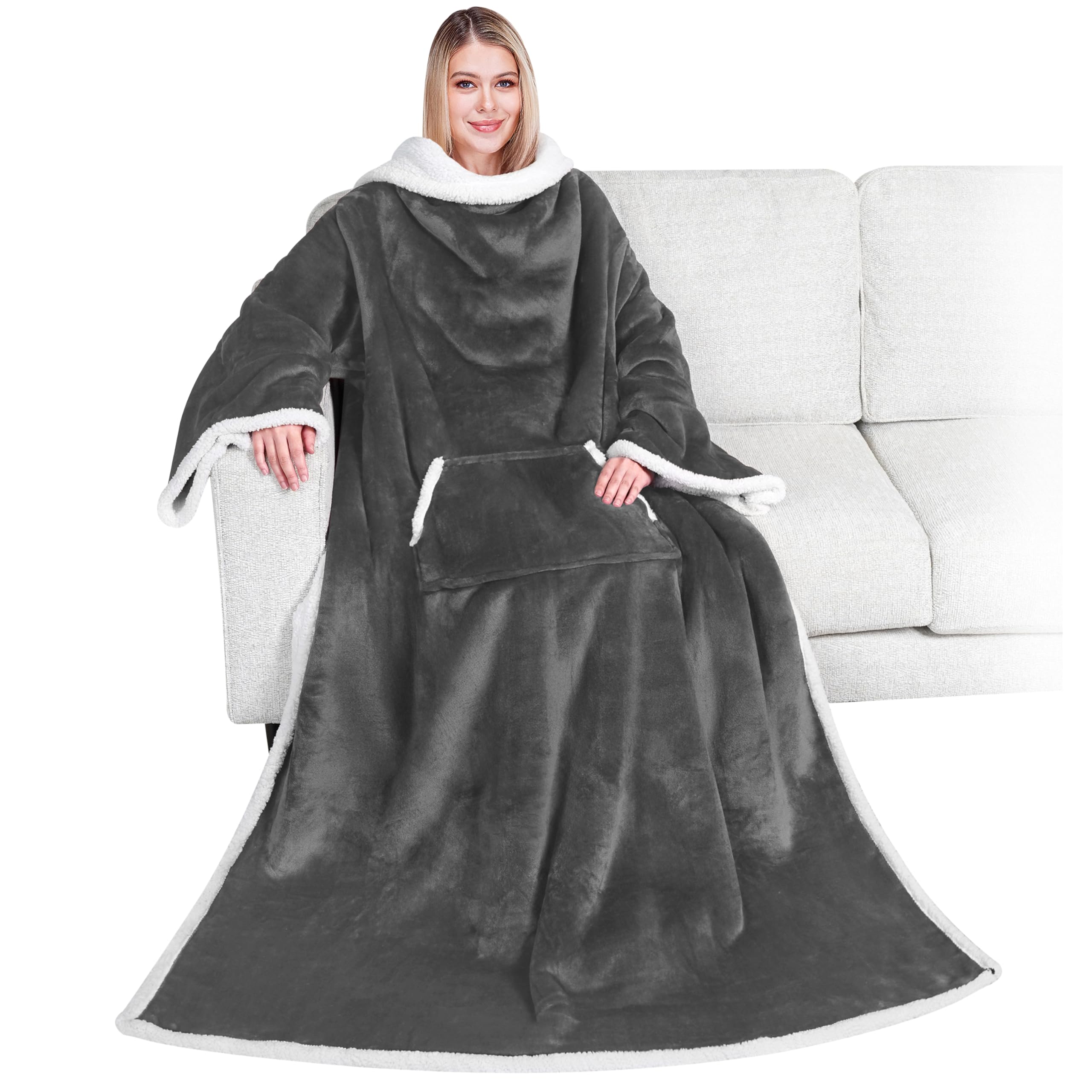 PAVILIA Blanket with Sleeves for Adults Women Men Cozy Warm Fleece Blanket with 