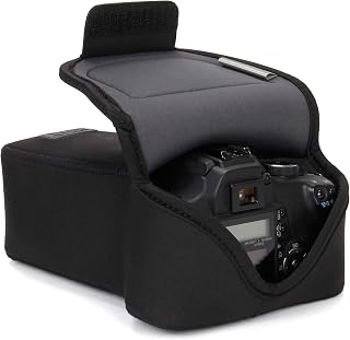 USA Gear Camera Sleeve (Zoom) for Compact SLRs with Lens Compatible with Canon EOS R100 Nikon Z30 Sony ZV-E10, and more - Padded Neoprene DSLR Case with Accessory Pocket & Belt Loop (Black)