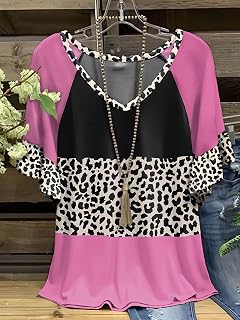 Plus Size Women's Color Block Leopard Print T-Shirt Raglan Ruffle Short Sleeve V Neck Casual Top