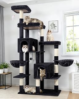 Globlazer Cat Scratching Tree Large 189 cm Tall with 2 Large Nests 45 x 30 cm, 3 Padded Platform, 2 Basket, Plush Toys, Stable Scratcher for 3-5 Cats Indoor (F74F, Dark Grey)