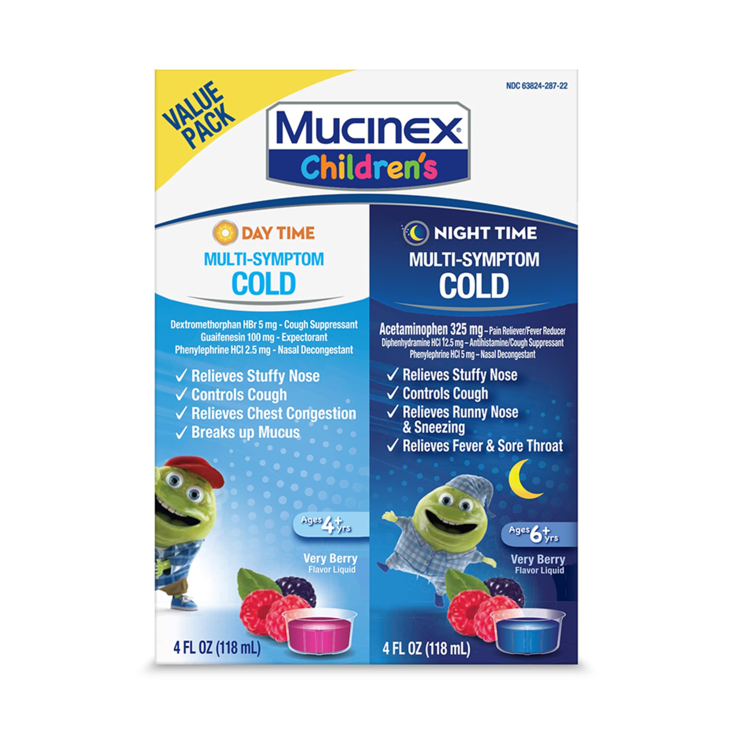 Mucinex Children's Multi-Symptom Cold Day/Night Value Pack, 2x4 FL OZ | For Ages