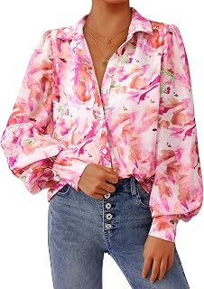 PRETTYGARDEN 2025 Women Floral Blouses V Neck Casual Dress Blouses Long Sleeve Chiffon Boho Shirts Autumn Tops