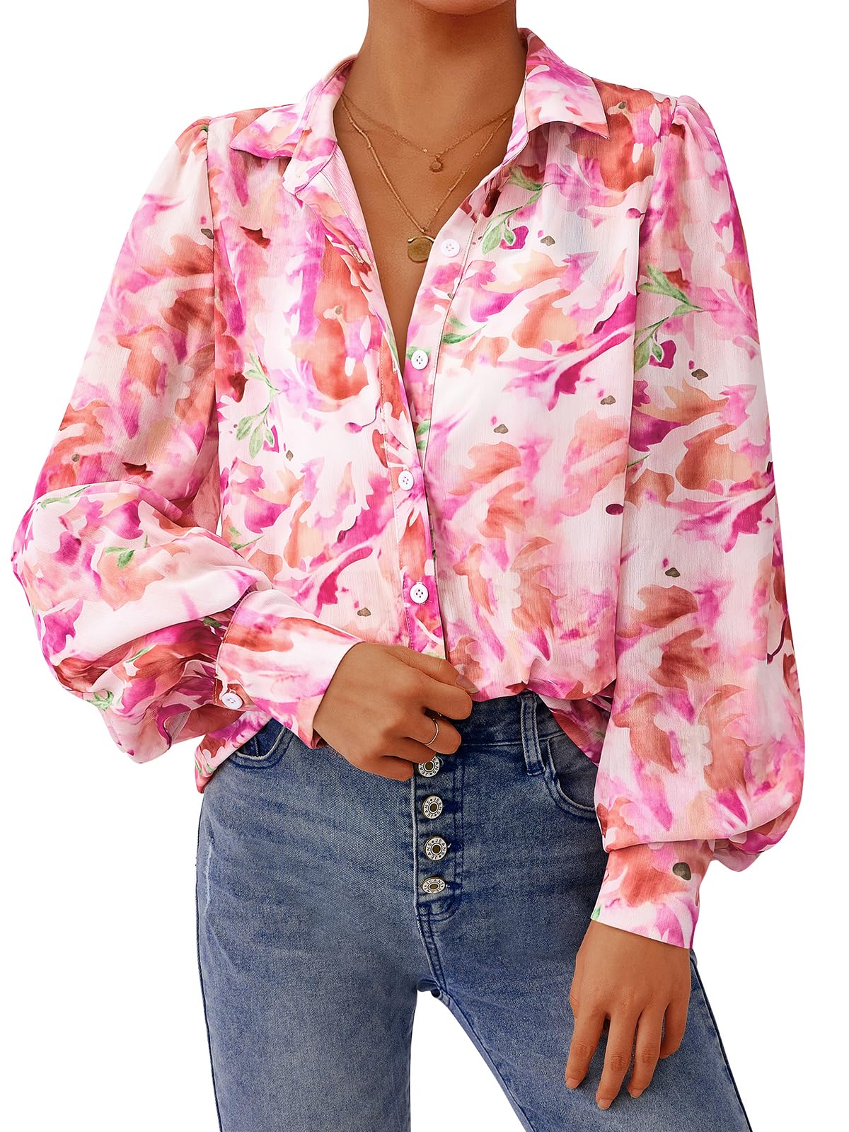 PRETTYGARDEN 2025 Women Floral Blouses V Neck Casual Dress Blouses Long Sleeve C