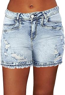 Flamingals Ripped Stretchy Jean Shorts for Women Raw Hem Low Waist Casual Trendy Denim Shorts