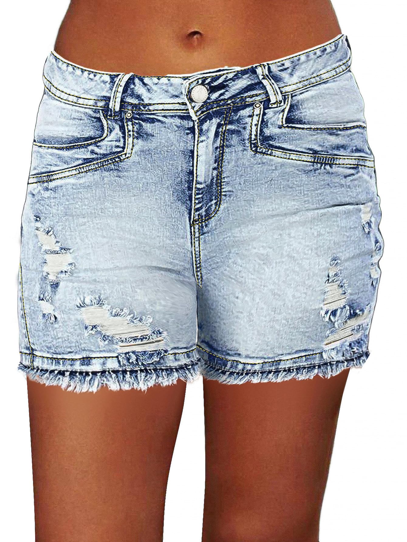 Flamingals Ripped Stretchy Jean Shorts for Women Raw Hem Low Waist Casual Trendy