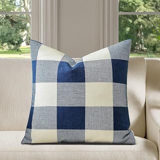 Buffalo Checked Linen Cushion Covers 18x18 Inch Farmhouse Style Decorative Cushion Covers No Insert for Sofa Bedroom Pack of 1 (Royal Blue)