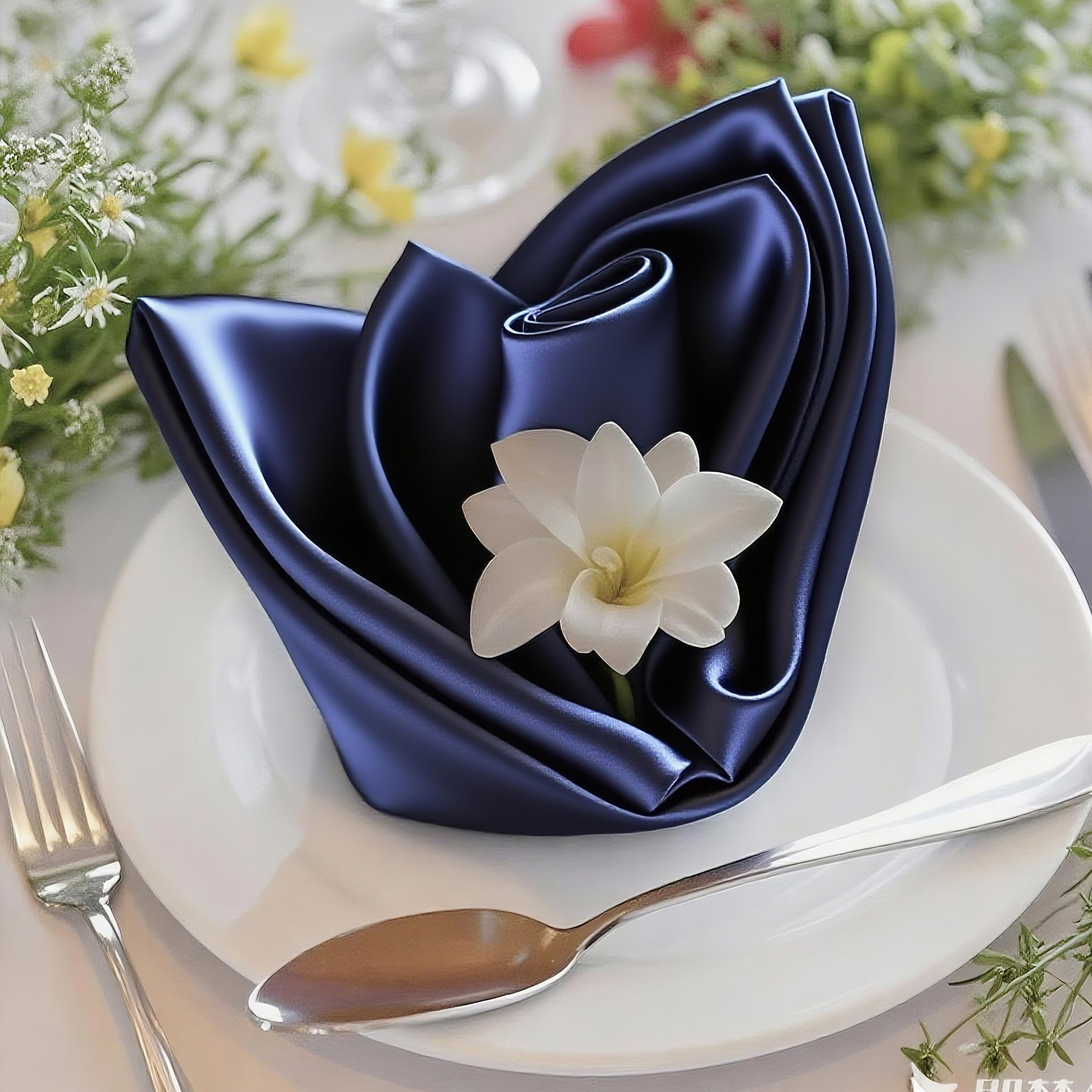 FOLINS&HOME Navy Blue Satin Cloth Napkins Set of 20 - Decorative 17x17 Inch Napk