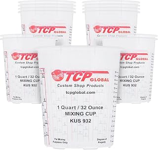Custom Shop Paint Mixing Cups, 32-Ounce, 12 Pack, Plastic Measuring Cups | For Liquids, Automotive Painting, Epoxy Resin, Acrylic Arts, Crafts, Disposable or Reusable, Graduated, Mixing Ratios