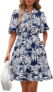 BTFBM Women Summer Floral Short Dresses V Neck Short Sleeve Tiered Ruffle Boho Swing Dress A-Line Mini Dresses