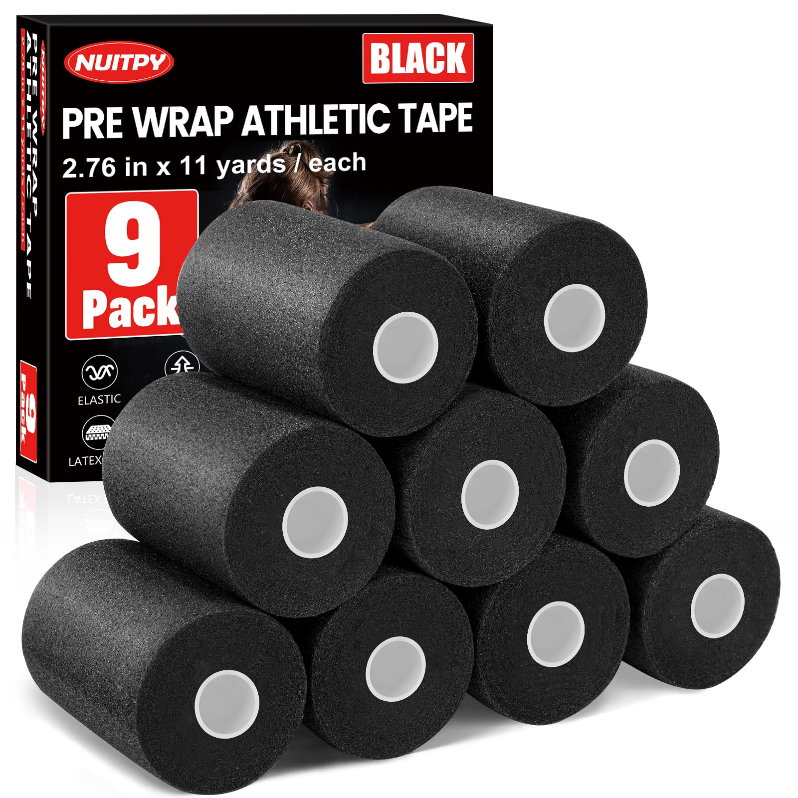 9 Pack Black Pre Wrap Tape, 2.76 Inch x 11 Yards Prewrap Athletic Tape | Pre Wra