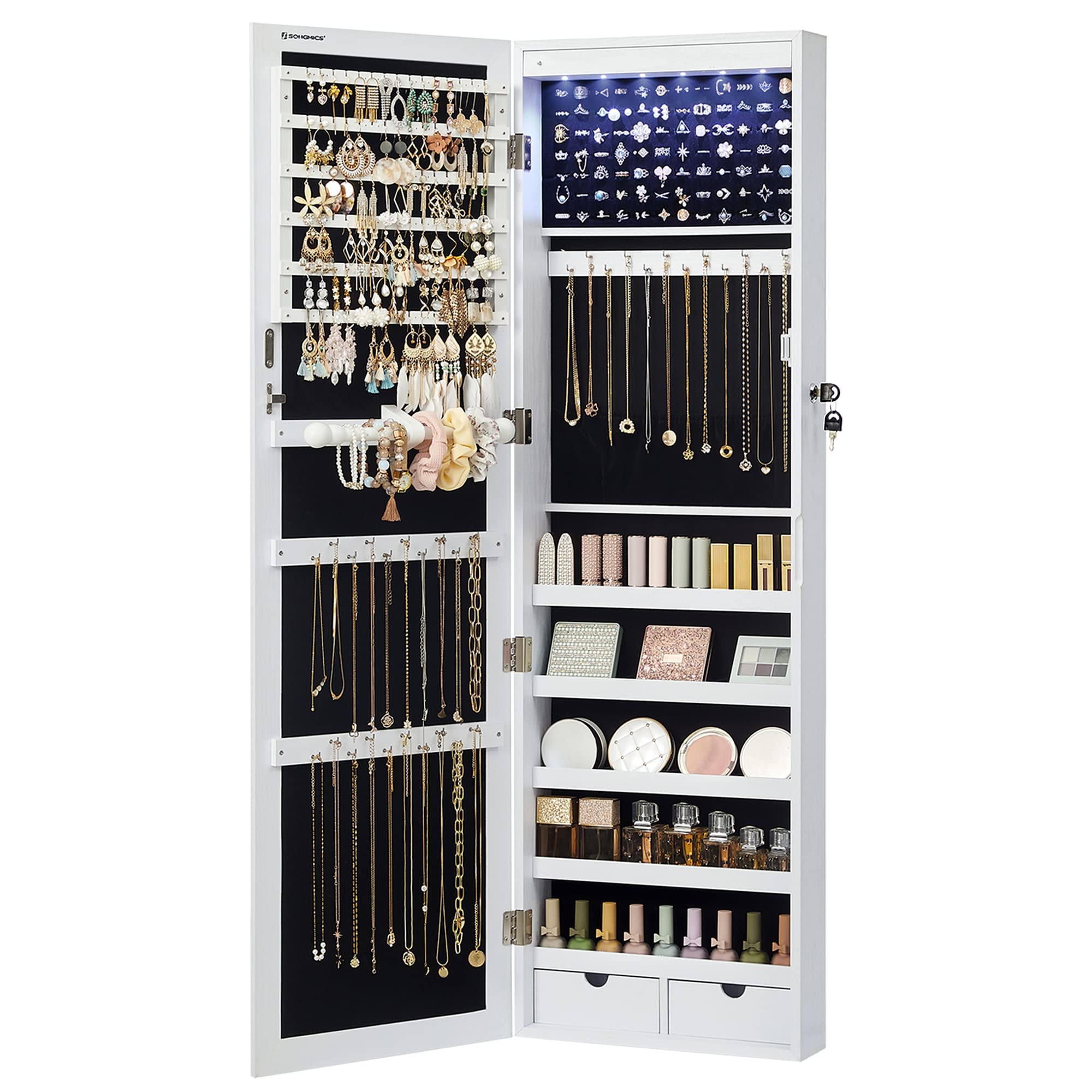 SONGMICS 6 LEDs Mirror Jewelry Cabinet, 47.2-Inch Tall Lockable Wall or Door Mou