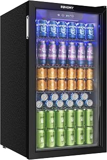 EUHOMY 93L Drinks Fridge, 126 Can Beer Fridge with Glass Door, Wine fridge with Adjustable Shelves for Soda Beer or Wine, Home/Bar/Office, Black, Steel, One-Touch Control [Energy Class F]