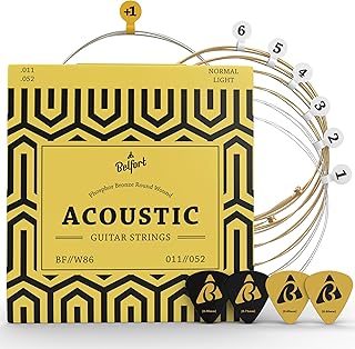 BELFORT Acoustic Guitar Strings – Phosphor Bronze 6-String Set | Incl: 4 picks + 1 high E-string & eBook. Warm tone, premium acoustic strings.