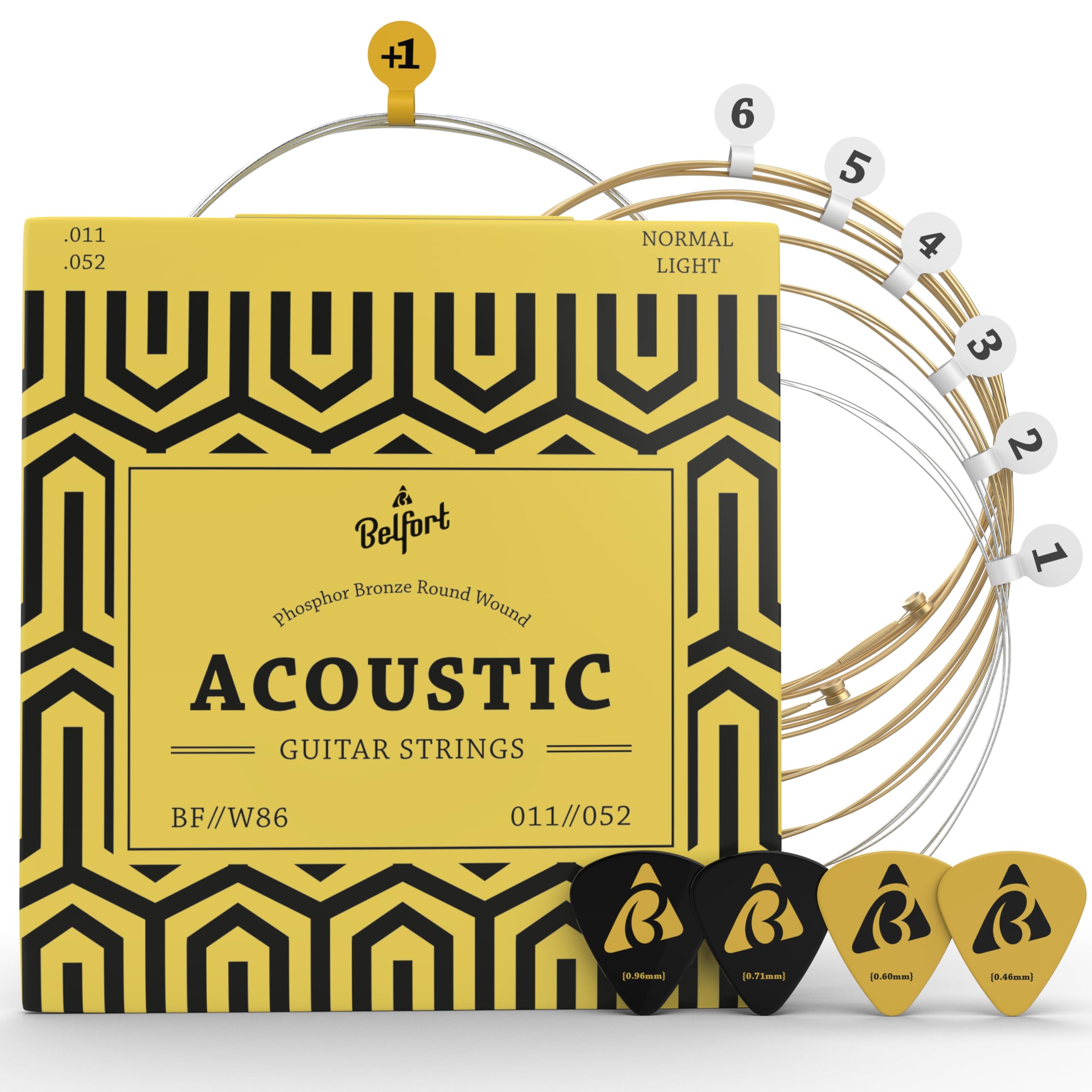 BELFORT Acoustic Guitar Strings – Phosphor Bronze 6-String Set | Incl: 4 picks +