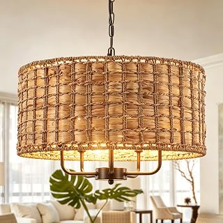 Rattan Chandeliers for Dining Room, D18.9 Rattan Pendant Light, 5-Light Farmhouse Chandelier Drum Wicker Boho Light Fixture for Living Room, Kitchen Island, Foyer, Height Adjustable