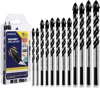 DYRECELVE 12-Piece Masonry Drill Bit Set and Concrete Drill Bit Set | Carbide Tile Drill Bits and Brick Drill Bit, 7 Sizes 1/8 to 1/2 Inch for Cement, Ceramic, Glass, Wood and Plastic
