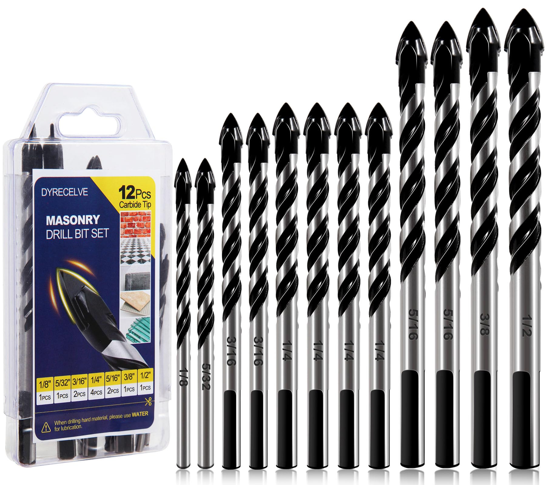 DYRECELVE 12-Piece Masonry Drill Bit Set and Concrete Drill Bit Set | Carbide Ti