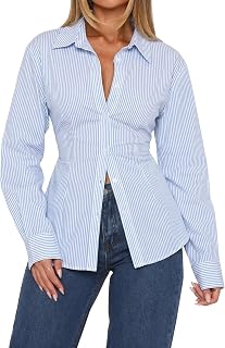 MISSACTIVER Women's Lapel Collar Button Down Shirt Cinch Waist Long Sleeve Casual Work Dressy Tunics Blouse Corset Tops