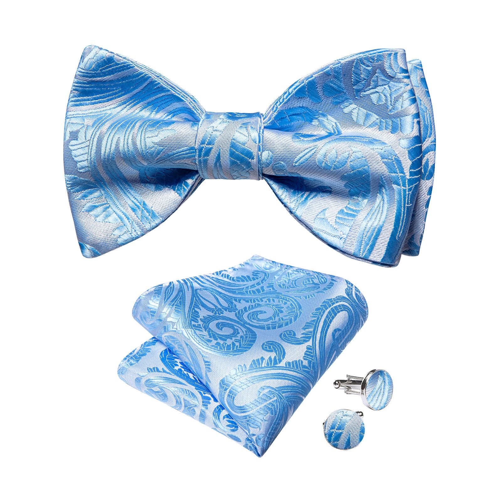 Mens Self Bowtie and Pocket Square Cufflinks Set for Men Tuxedo Wedding