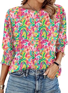 IECCP Women's 3/4 Sleeve Top Summer 2025 Fashion Trendy Boat Crew Neck Smock Work Elegant Casual T Shirt Blouses