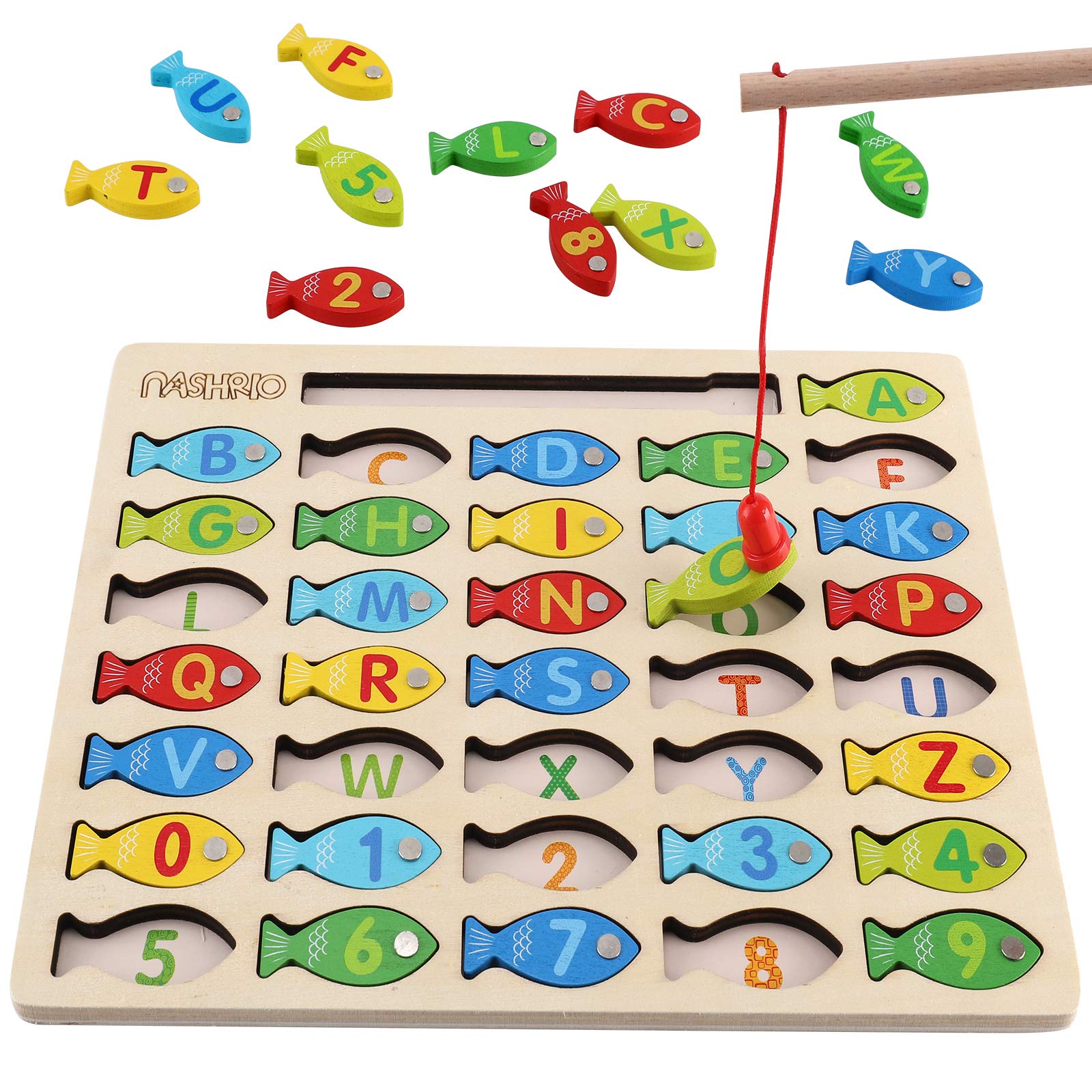 Magnetic Wooden Fishing Game Toy for Preschoolers, Alphabet Fish Catching Counti