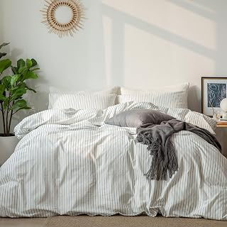 MOOMEE BEDDING 100% Washed Cotton Duvet Cover Set - Rough Washed, Breathable, Durable, Soft and Comfortable (3 Piece, Black and White Stripe, Queen)
