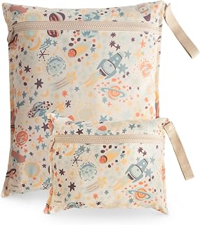 mushie Water Resistant Wet Bags | Large &amp; Small Reusable Storage Bag for Baby Items and Travel | Zippered Pockets with Handle | Machine Washable, Set of 2 (Olive Check)