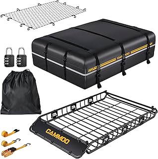 CAMMOO 64"x39" Roof Rack Basket Removable Fairing &amp; Support Bars for Kayaks | All-in-One Kit Includes 20 Cu.Ft. Waterproof Bag, Cargo Net, 2 Locks, Ratchet Strap and Cam Buckle Strap for Road Trips