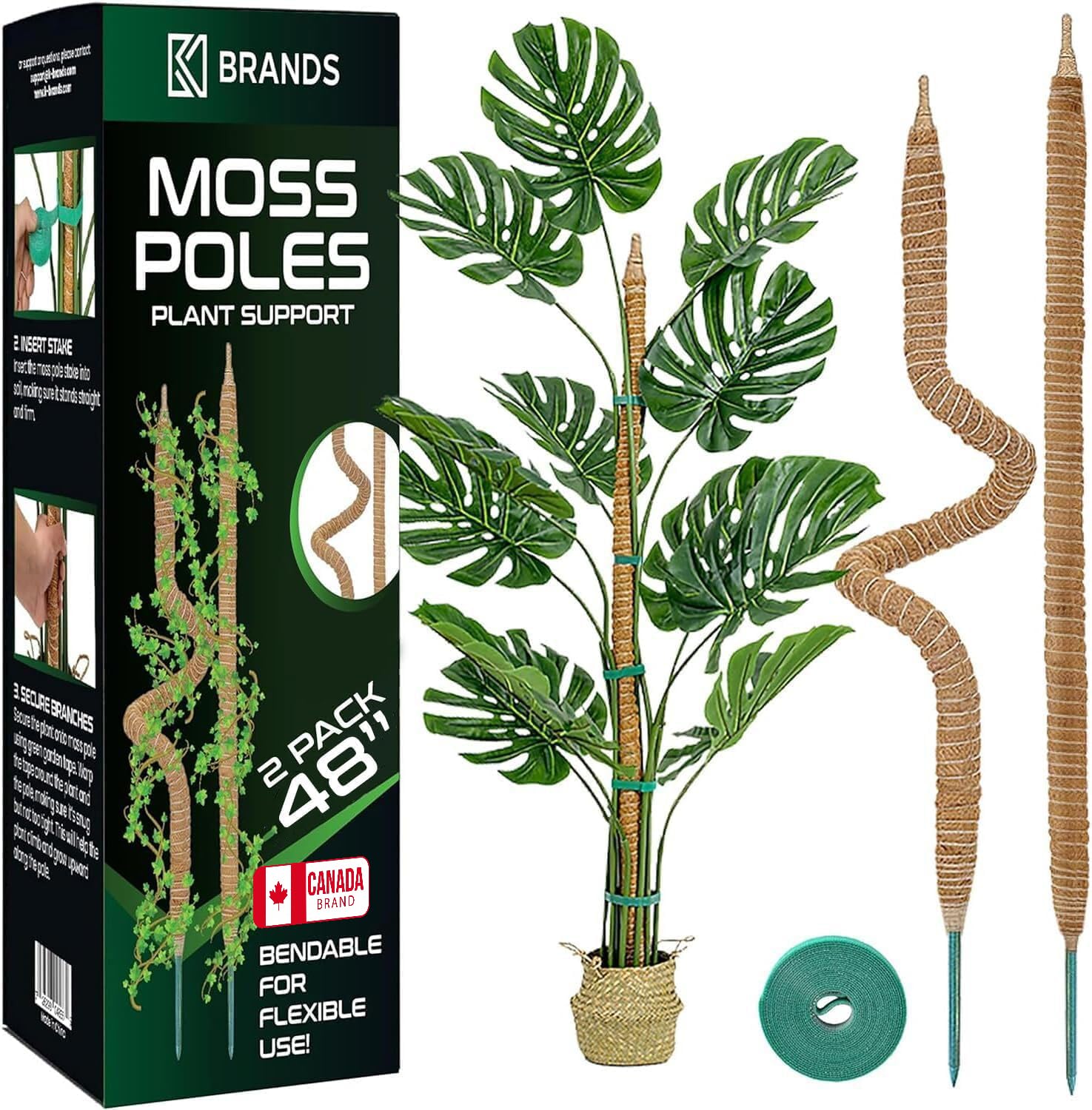 K-Brands 2 Pack 48 Inches Bendable Moss Pole Monstera Plant Support for Climbing